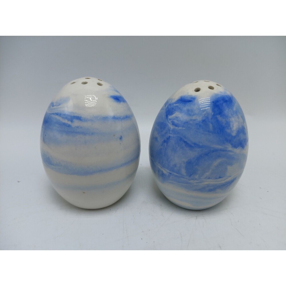 Vintage Egg Shaped Blue Swirled Ceramic Salt & Pepper Shakers